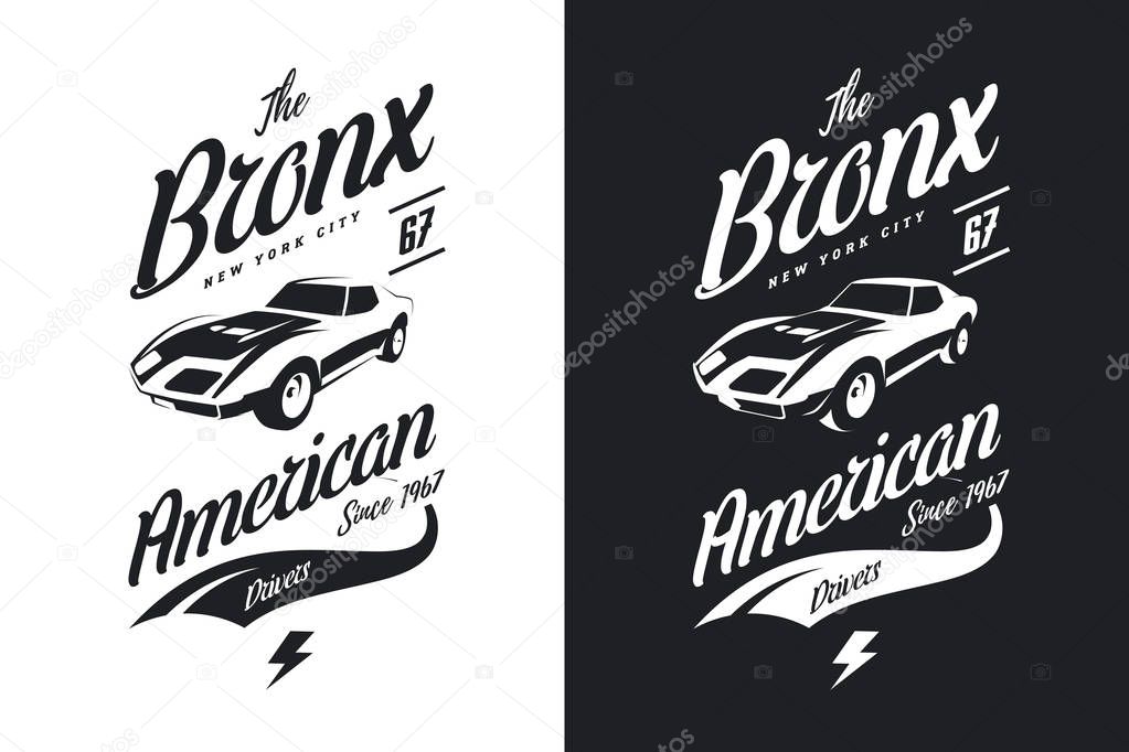 American muscle car black and white isolated vector tee-shirt logo. Premium quality sport vehicle logotype t-shirt emblem illustration. Bronx, New York street wear hipster retro tee print design.