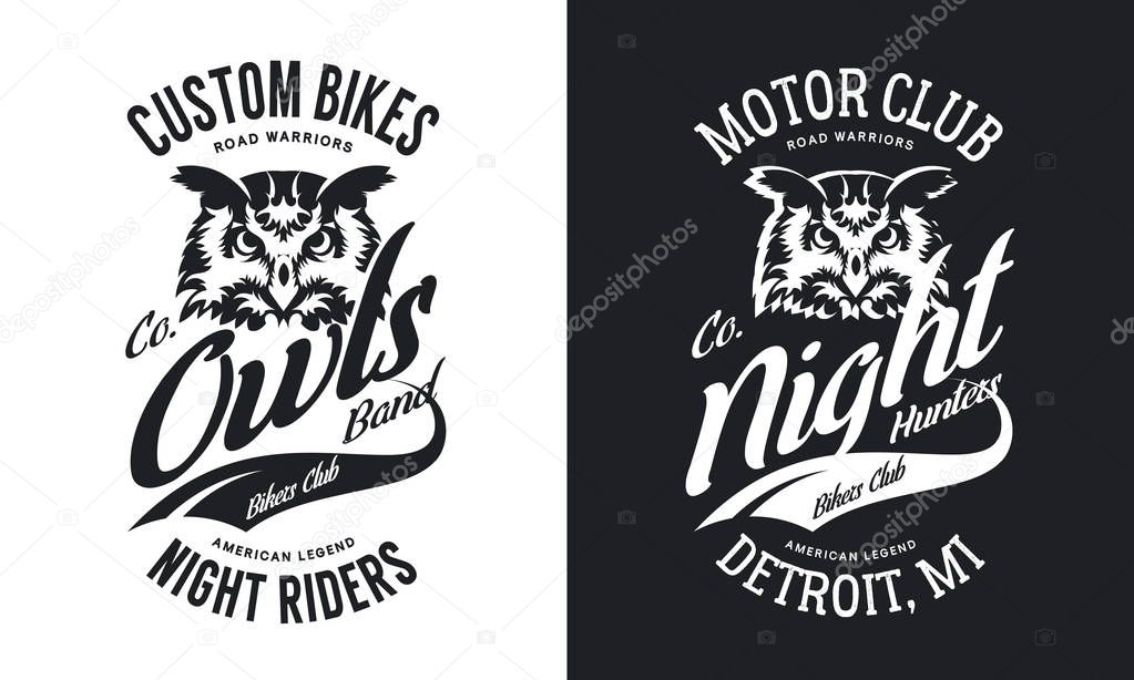 Vintage bikers club t-shirt black and white isolated vector logo.Premium quality owl bird night hunter logotype tee-shirt emblem illustration. Detroit, Michigan street wear superior retro tee print design.