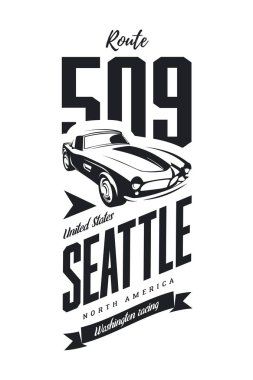 Vintage spor araç vektör logosu beyaz arka plan üzerinde izole. Premium Kalite klasik otomobil logo tişört amblemi illüstrasyon. Seattle, Washington sokak giyim üstün retro tee baskı tasarımı.
