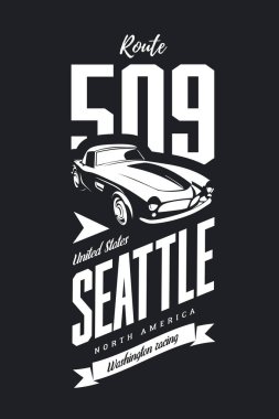 Vintage spor araç vektör logo koyu arka plan üzerinde izole. Premium Kalite klasik otomobil logo tişört amblemi illüstrasyon. Seattle, Washington sokak giyim üstün retro tee baskı tasarımı.
