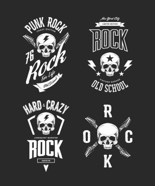 Vintage zor ve punk rock koyu arka plan üzerinde izole t-shirt logo vektör. Premium Kalite kafatası logo tişört amblemi illüstrasyon. Sokak giyim efsanevi müzik tarzı retro tee baskı tasarımı seti.