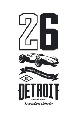 Vintage spor araç vektör logosu beyaz arka plan üzerinde izole. Premium Kalite numarası logo tişört amblemi illüstrasyon. Detroit, Michigan sokak giyim üstün retro tee baskı tasarımı.