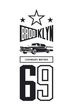 Vintage lüks araç vektör logosu beyaz arka plan üzerinde izole. Premium Kalite klasik otomobil logo tişört amblemi illüstrasyon. Brooklyn, New York sokak giyim numara retro tee baskı tasarımı.