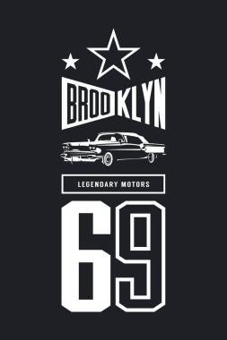 Vintage lüks araç vektör logo koyu arka plan üzerinde izole. Premium Kalite klasik otomobil logo tişört amblemi illüstrasyon. Brooklyn, New York sokak giyim numara retro tee baskı tasarımı.