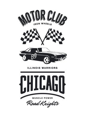 Vintage kas araç vektör logo üzerinde ışık arka plan izole. Premium Kalite spor araba logo tişört amblemi illüstrasyon. Chicago, Illinois sokak giyim üstün retro tee baskı tasarımı.
