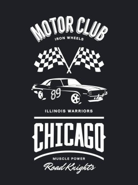 Vintage kas araç vektör logo koyu arka plan üzerinde izole. Premium Kalite spor araba logo tişört amblemi illüstrasyon. Chicago, Illinois sokak giyim üstün retro tee baskı tasarımı.