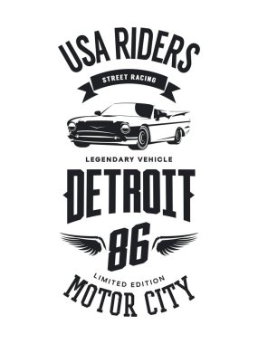 Vintage cabriolet araç t-shirt vektör logosu beyaz arka plan üzerinde. Premium Kalite klasik otomobil logo tişört amblemi illüstrasyon. Detroit, Michigan sokak giyim üstün retro tee baskı tasarımı.