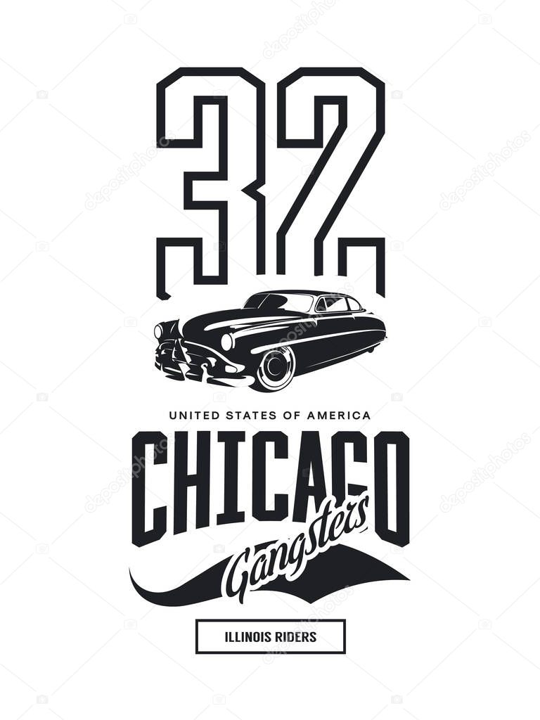 Vintage gangster vehicle vector logo isolated on white background.Premium quality classic car logotype tee-shirt emblem illustration. Chicago, Illinois street wear superior retro tee print design.