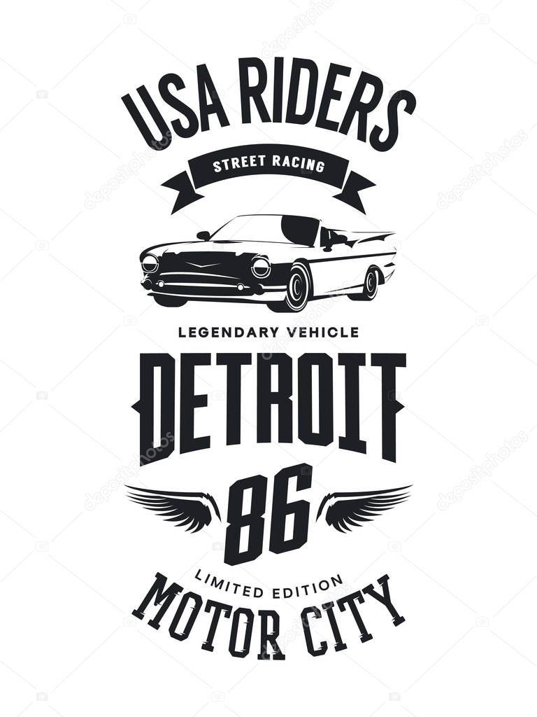 Vintage cabriolet vehicle t-shirt vector logo on white background.Premium quality classic car logotype tee-shirt emblem illustration. Detroit, Michigan street wear superior retro tee print design.