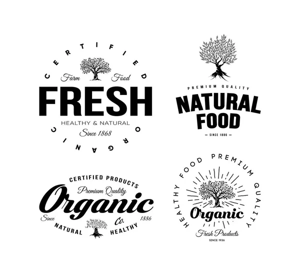Set de emblemas retro alimentos frescos orgánicos naturales y saludables granja . — Vector de stock