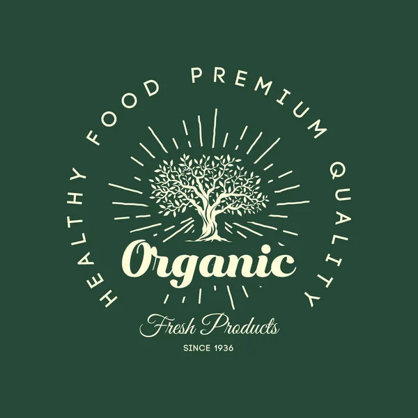 Fermă organică naturală și sănătoasă produse alimentare proaspete design emblemă retro . — Vector de stoc