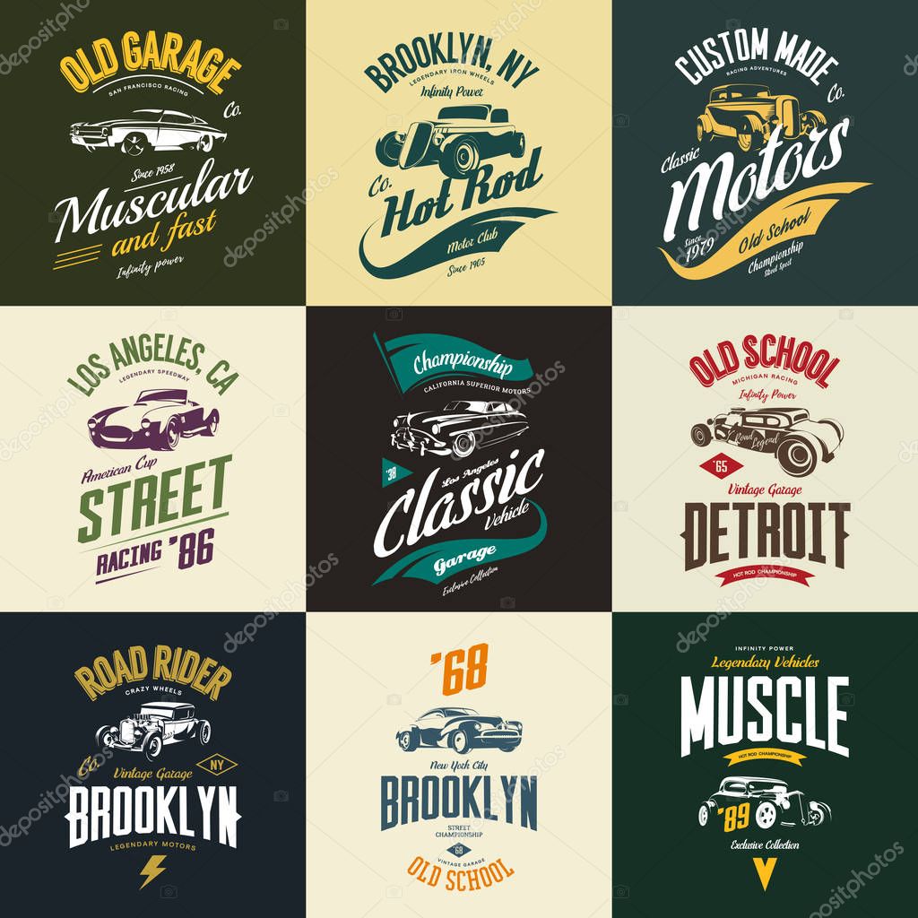 Vintage muscle, roadster, hot rod and classic car vector t-shirt logo isolated set. Premium quality auto logotype tee-shirt emblem illustration. Vehicle street wear retro hipster tee print design.
