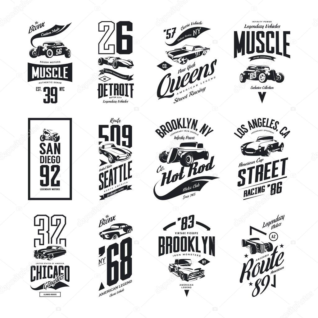 Vintage muscle, roadster, hot rod and classic car vector t-shirt logo isolated set. Premium quality pickup truck tee-shirt emblem illustration. Vehicle street wear motorcycle hipster tee print design.
