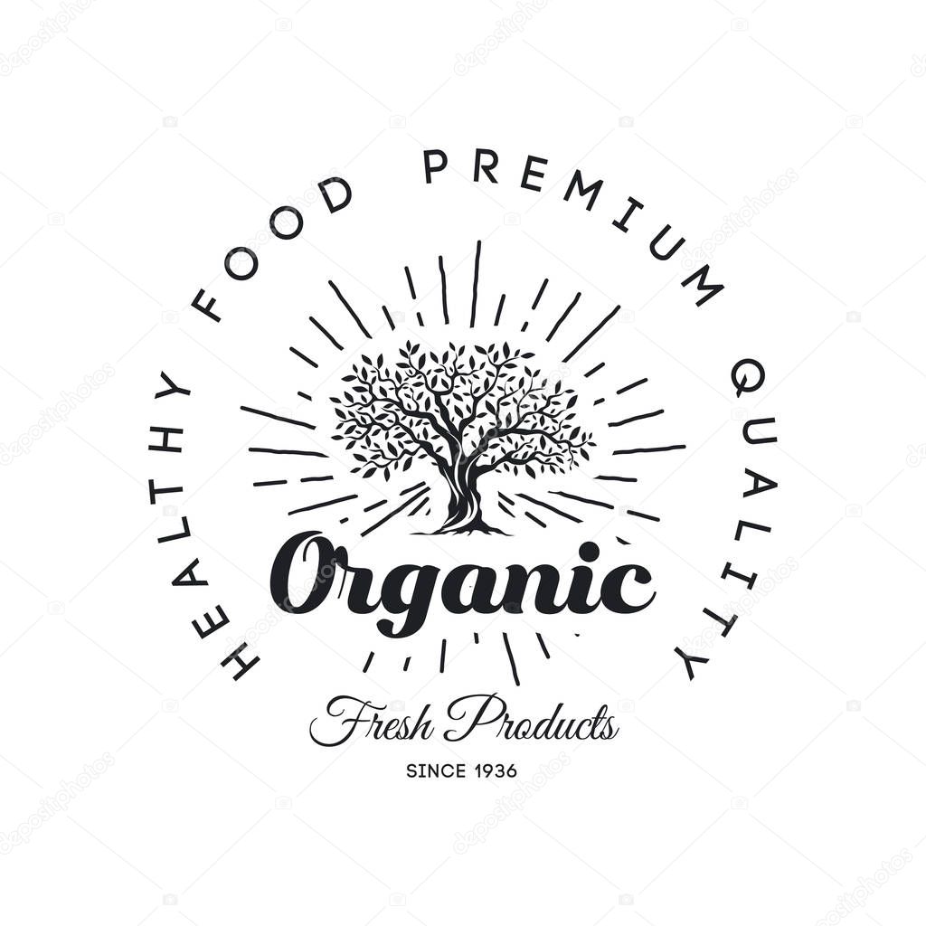Organic natural and healthy farm fresh food retro emblem design.