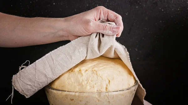 Food banner. Female hands hold a napkin over a fermented homemade pastry for buns. Close-up. Step by step recipe