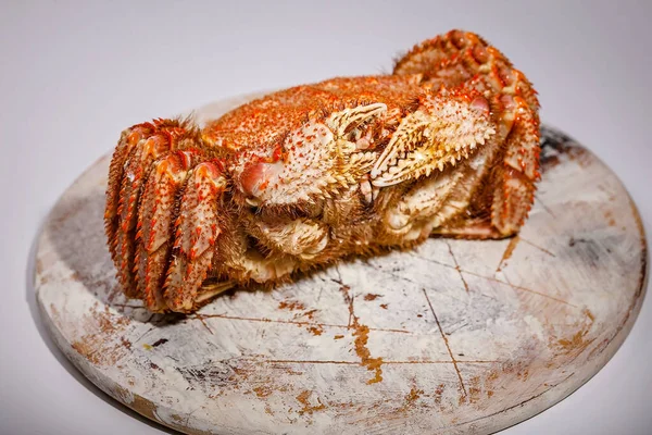 Delicious seafood. King crab on white background. Horisontal shot. Close-up.