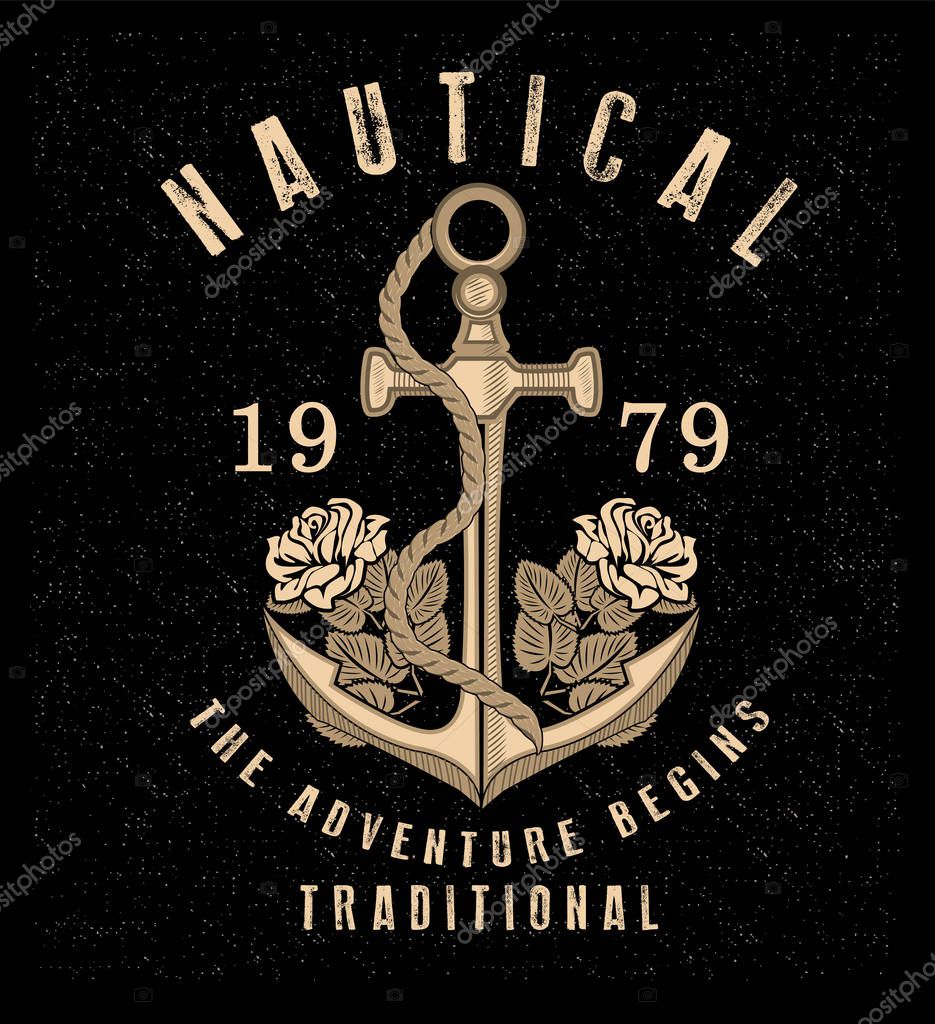 Vintage anchor with inscriptions nautical tradition, design for t-shirts and logo for yacht club
