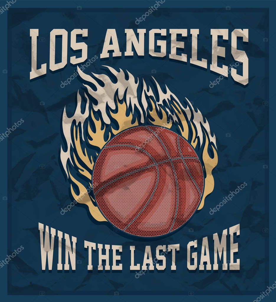 Los Angeles basketball team logo or sign of burning orange ball and text win the last game. Can be used for exclusive sportswear or sport gear logotype or symbol, urban or street shirts.