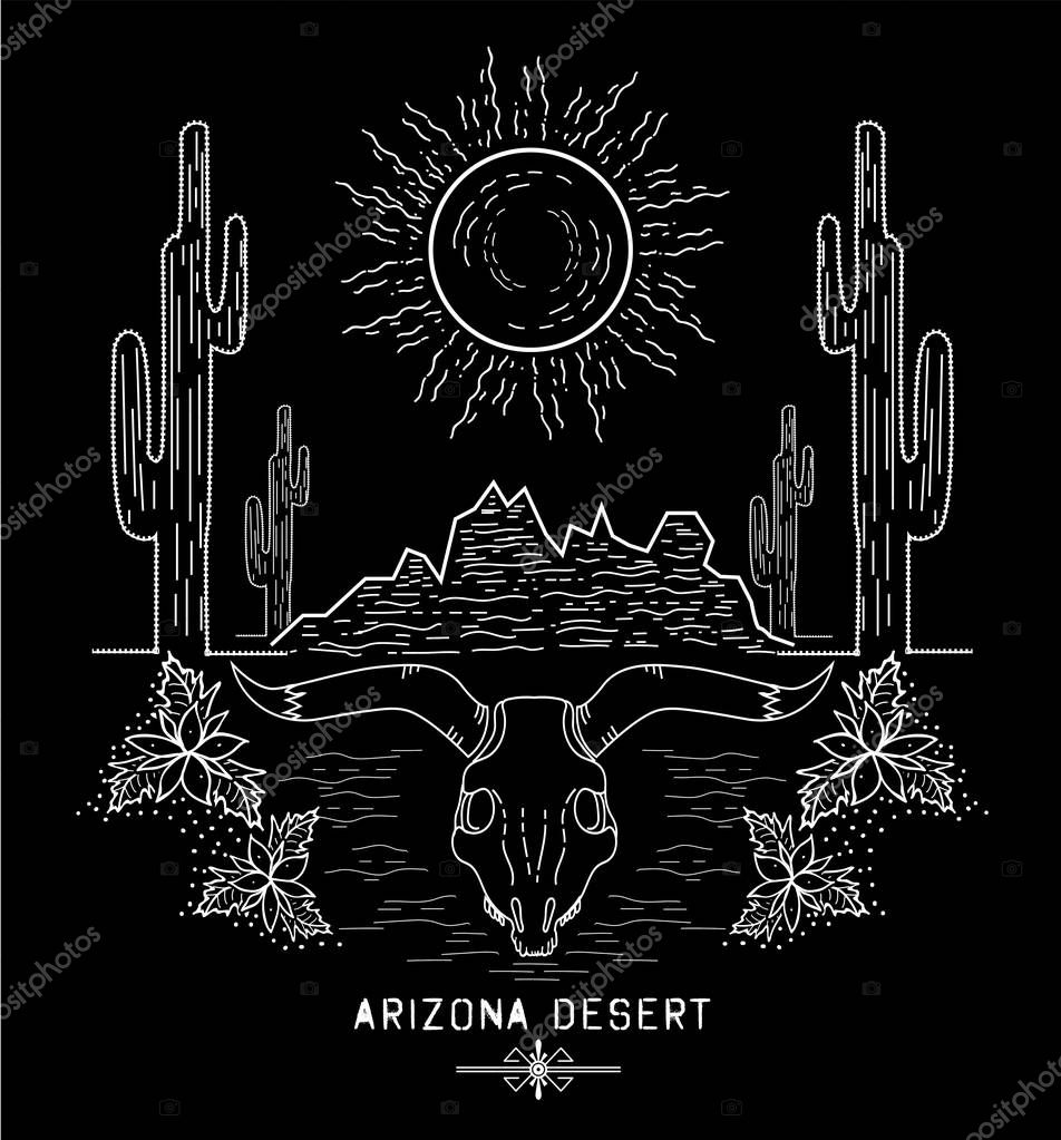 Print of Arizona desert, Black and white vector illustration.