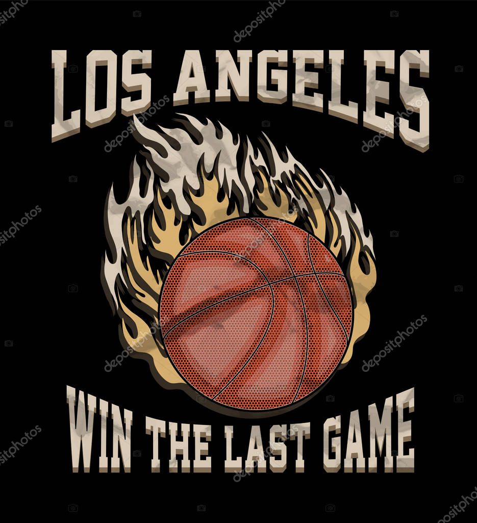 Los Angeles basketball team logo or sign of burning orange ball and text win the last game. Can be used for exclusive sportswear or sport gear logotype or symbol, urban or street shirts.