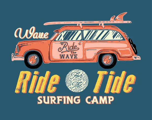Obra de surf con una furgoneta hippie — Archivo Imágenes Vectoriales