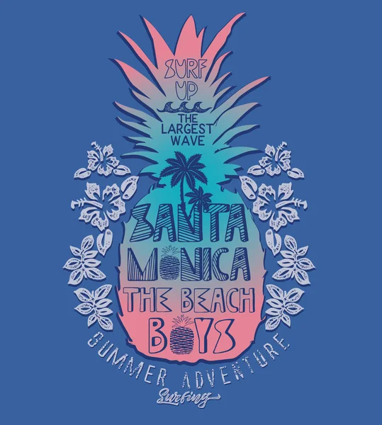 Surf-Ananas, Typografie, T-Shirt-Grafik — Stockvektor