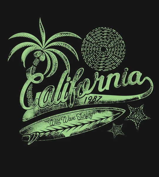 Surfista de California. Tablas de surf y palmas — Vector de stock