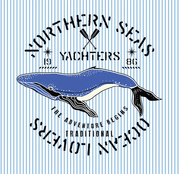 Ballena azul e impresión gráfica marina — Vector de stock
