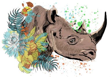 Gergedan illüstrasyon Splashing etkileri ve çiçekler