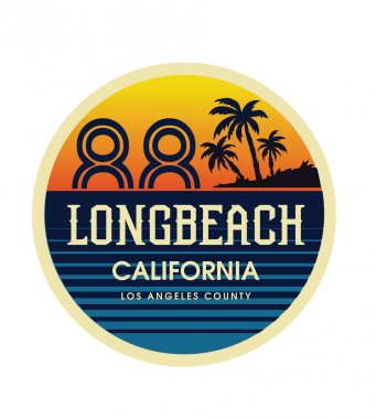 Günbatımı ve plaj. Sörf ve sörf binici Long Beach'te. Renkli baskı için t-shirt vektör çizim