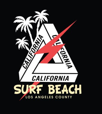 Surf beach. Sörf ve sörf binici Kaliforniya'da. Renkli baskı için t-shirt vektör çizim