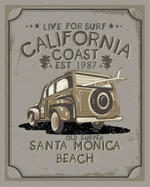 Wybrzeża Kalifornii Surfer Plakat Rocznika Samochodu Wektor Ilustracja Kolorowy Druku — Wektor stockowy