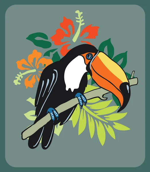 Tropical leaves and bird toucan on branch. Tropical life. Vector illustration of colorful print for t-shirt