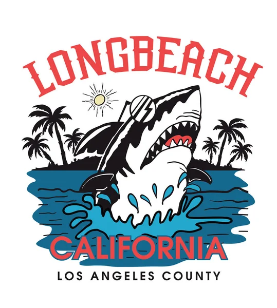 California Long Beach Rekin Wektor Ilustracja Kolorowy Druku Dla Shirt — Wektor stockowy