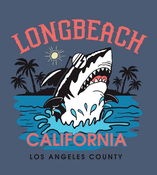 California Long Beach Squalo Illustrazione Vettoriale Stampa Colorata Shirt — Vettoriale Stock