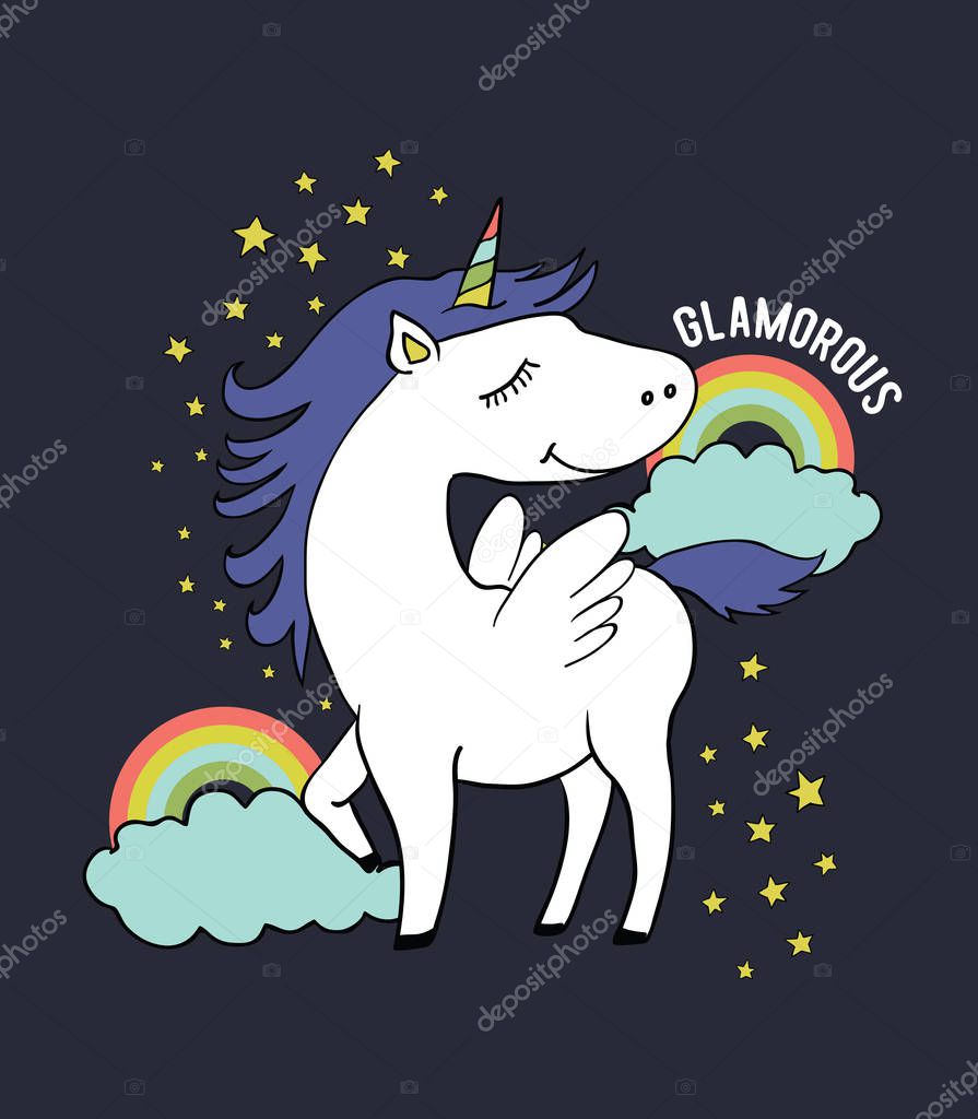 Unicorn with stars and rainbow. Vector illustration of colorful print for t-shirt