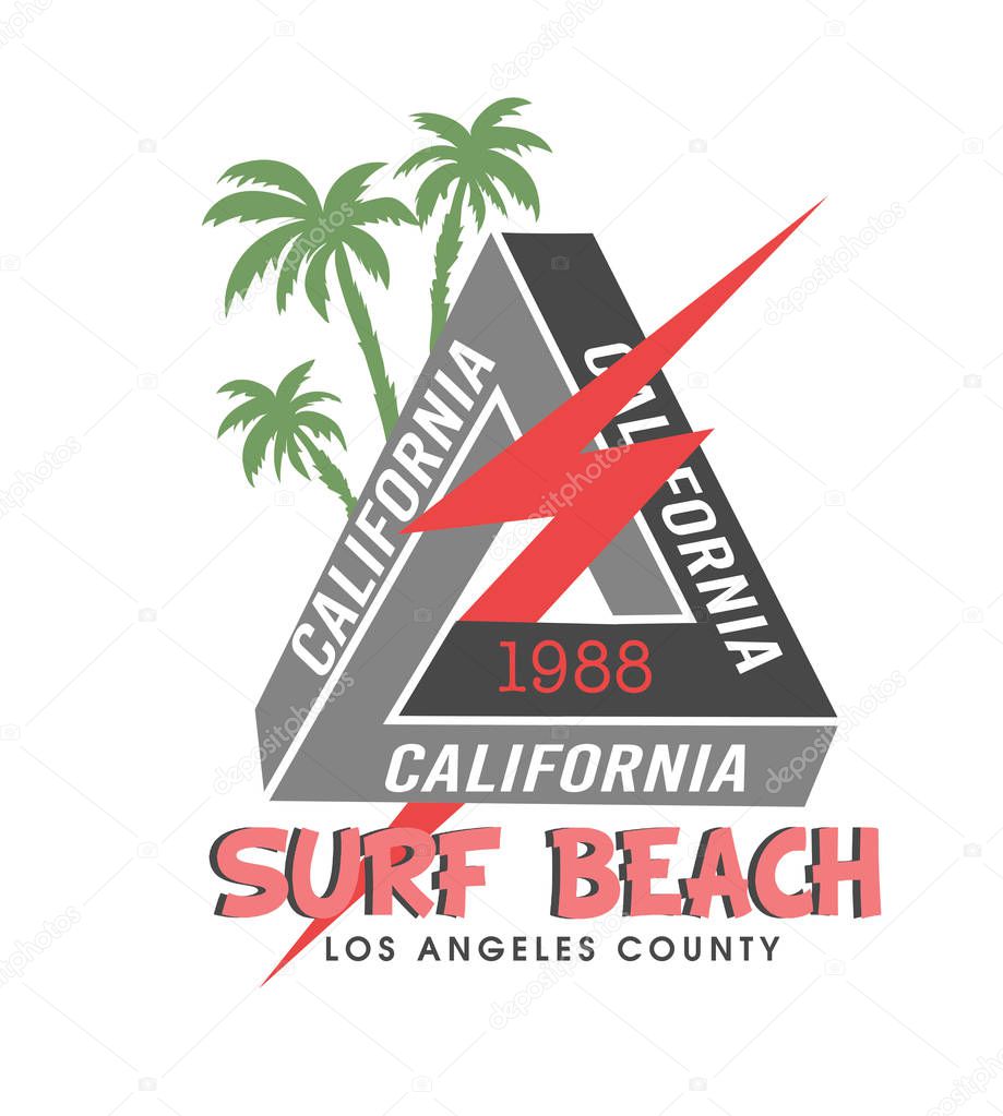 Surf beach. Surfing and surf rider in California. Vector illustration of colorful print for t-shirt