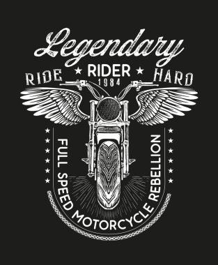 Vektör motosiklet kanatlı tek renkli çizim. Tasarım öğesi reklam poster, dövme için Kroki için yazdırmak için t-shirt