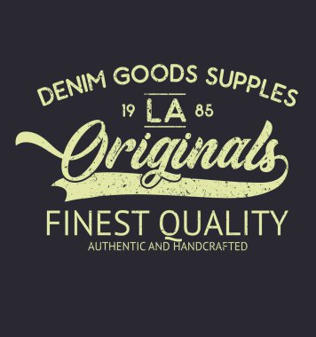 Tişört ya da giysi için orijinal Denim baskısı. Moda ve baskı için eski moda vektör grafiği. Kolay çıkarılabilir vintage efektli Retro çizim ve tipografi.