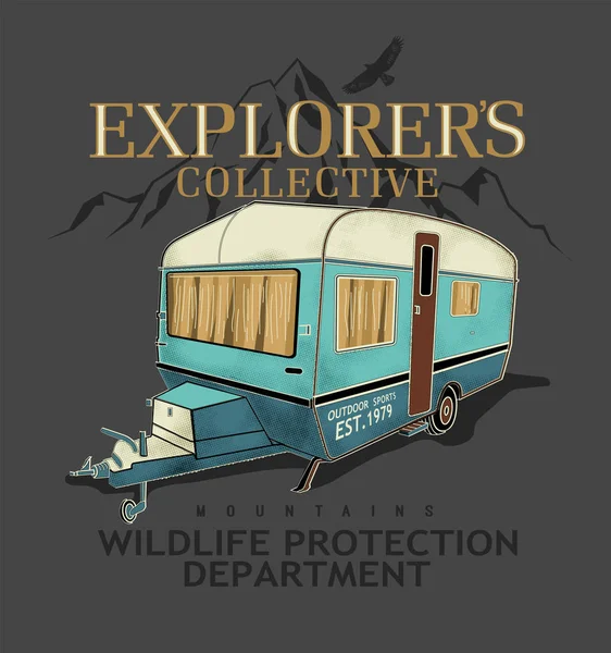 露营徽章设计 户外探险标志和报价 家庭是我们把它停在哪里 为T恤 包括复古野营面包车拖车和流浪者补丁 — 图库矢量图片