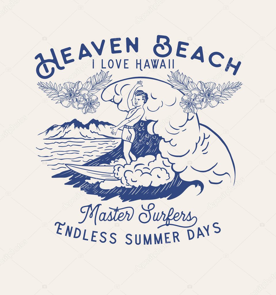 Surfing summer t-shirt print design, vector, illustration