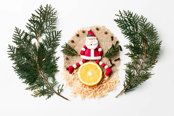 Rama de árbol de Navidad, decoración de Año Nuevo de Santa, rodaja de limón aislado en blanco. Concepto creativo, espacio para texto, logotipo. plano laico —  Fotos de Stock