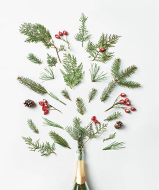 Şampanya şişesi ile kış sıçrama yeşillik beyaz arka plan üzerinde. Düz yatıyordu. Parti konsept.