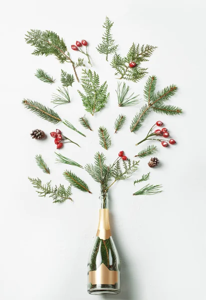 Garrafa de champanhe com folhagem de inverno em fundo branco. Deitado. Conceito de partido . — Fotografia de Stock