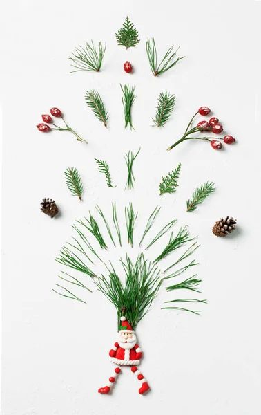 Vinter fyrverkeri stänk av träd nålar, kottar och röda bär från Santa. Kreativa chrismas koncept, platt låg — Stockfoto