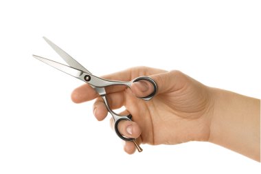makas kesim saç beyaz izole için tutan el
