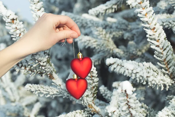 Hand holding two hearts outdoor over snowy pine trees. — Stock Photo, Image