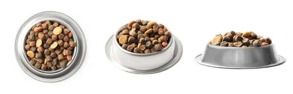 흰색 배경에 고립 된 금속 그릇에 세 가지 요리 건조 애완 동물 먹이의 집합입니다. 위쪽, 절반 및 전면 보기. — 스톡 사진