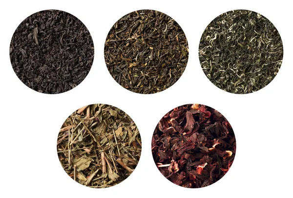 Set of five different tea textures. darjeeling black , sally, green and carcade. — Stock Photo, Image