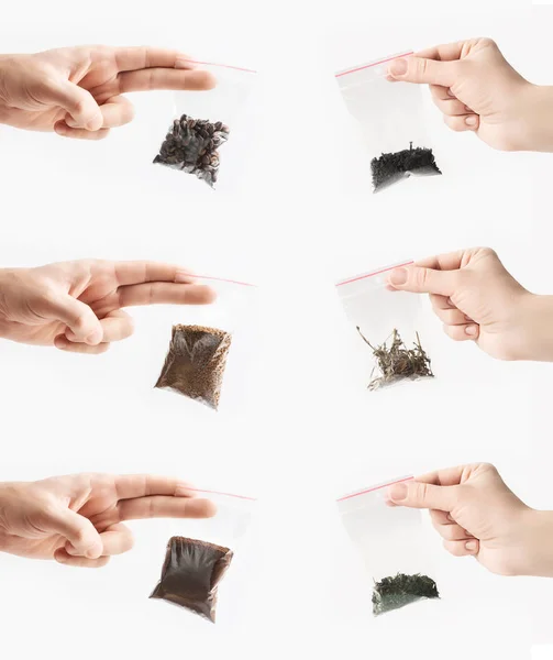 Set of Hands holding different sorts of tea and coffee. — Stock Photo, Image